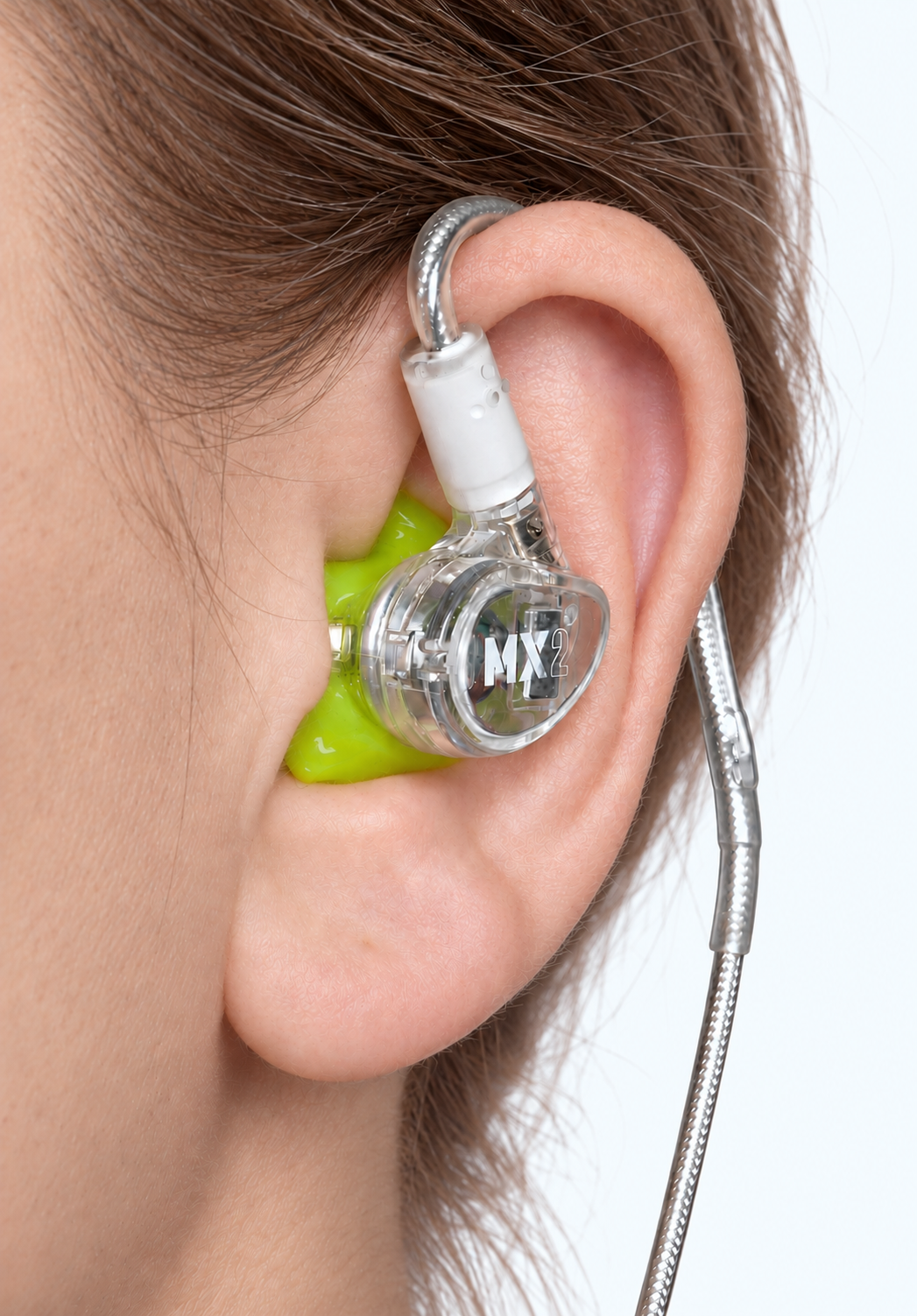 Custom full-shell eartip fitted in the ear with an IEM